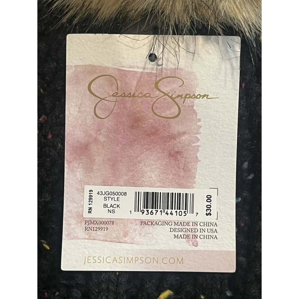 Jessica Simpson Beanie Hat Womens OS Knit Faux Fur Pom Pom Speckled Black NWT - Image 8