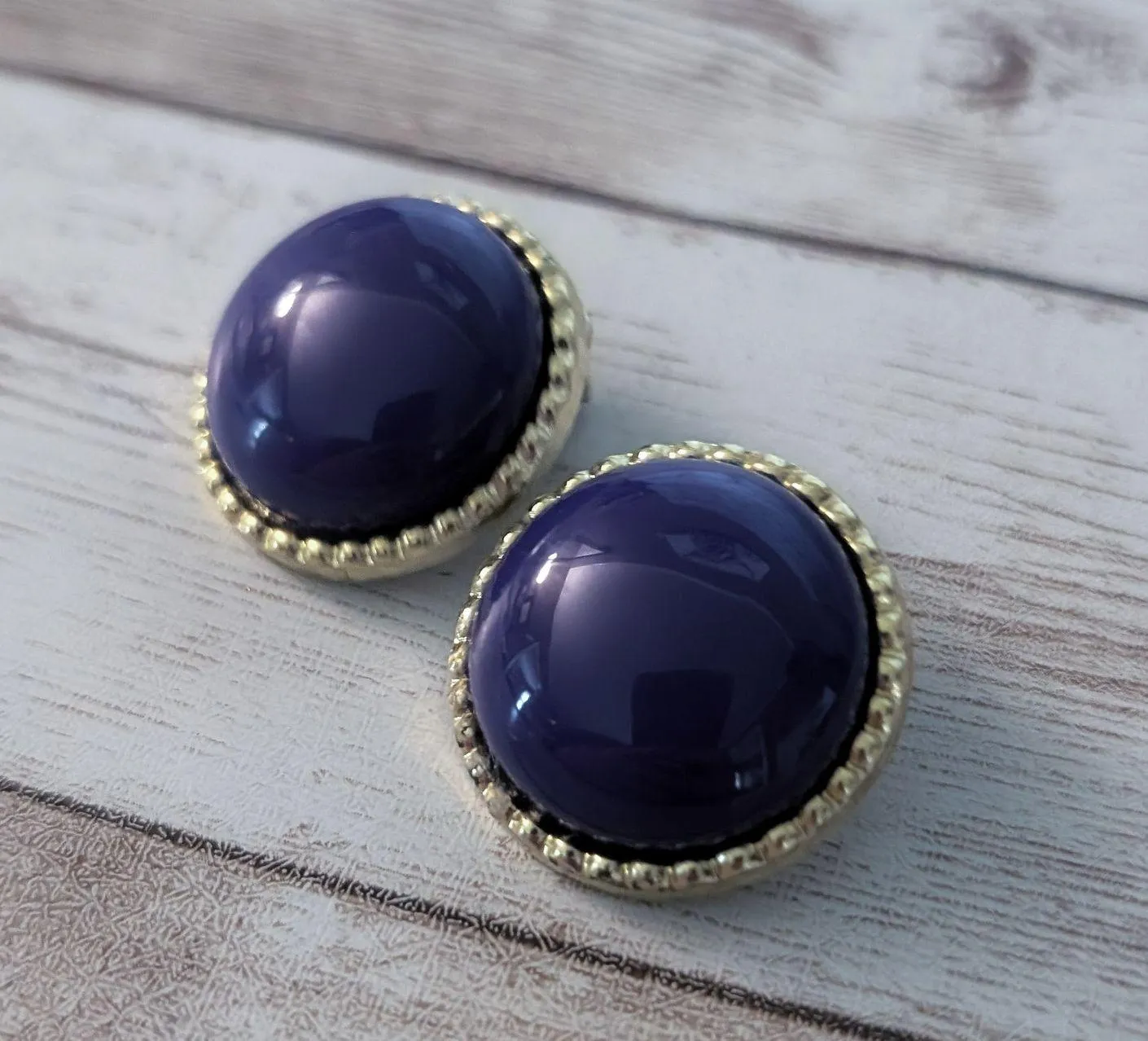 Vintage Clip On Earrings Large Domed Dark Purple with Gold Tone Halo - Image 3