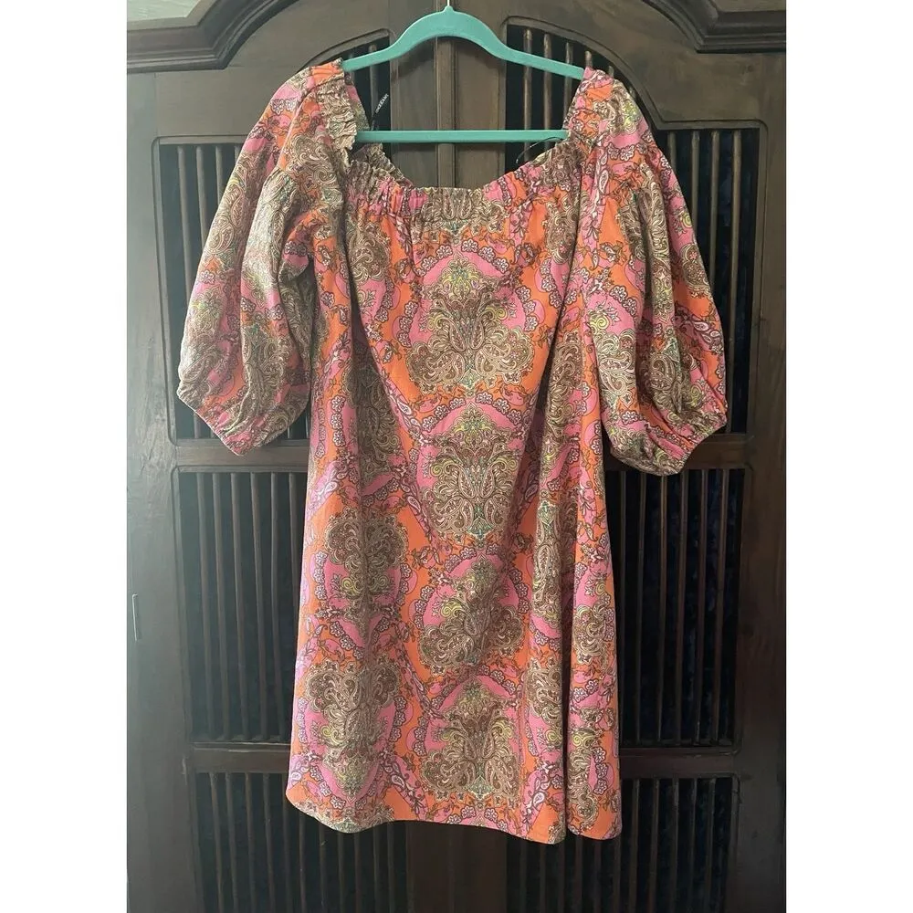 Vince Camuto Off Shoulder Puff Sleeve Paisley Linen Dress Orange Pink 18W - Image 10