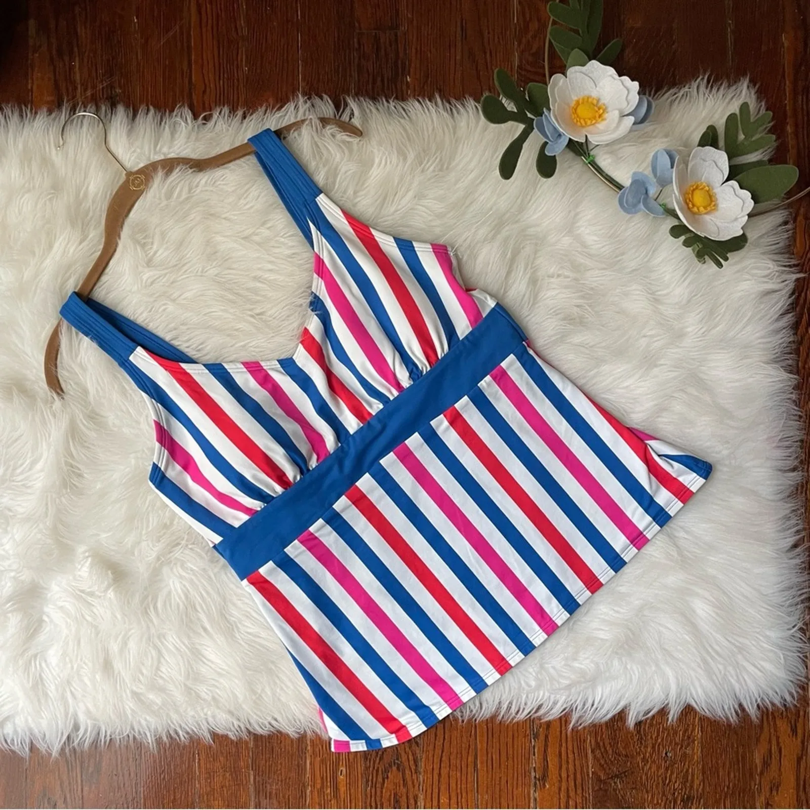Lands’ End Striped Tankini Top Blue, Pink, & Red NWOT - Image 3