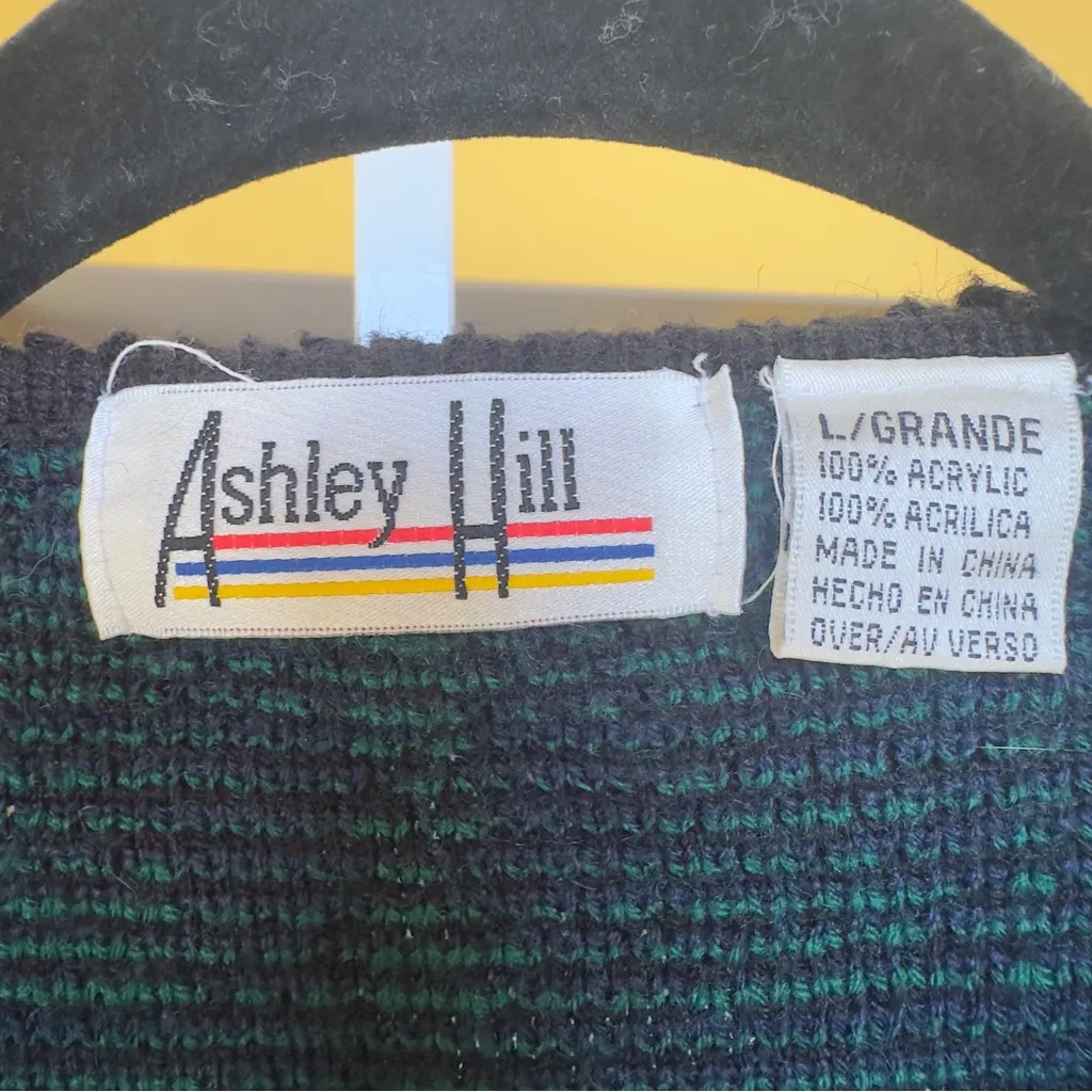 VTG Plaid Knit Cardigan Blue Green Button Front Pockets Grunge Preppy Retro L Size L - Image 3