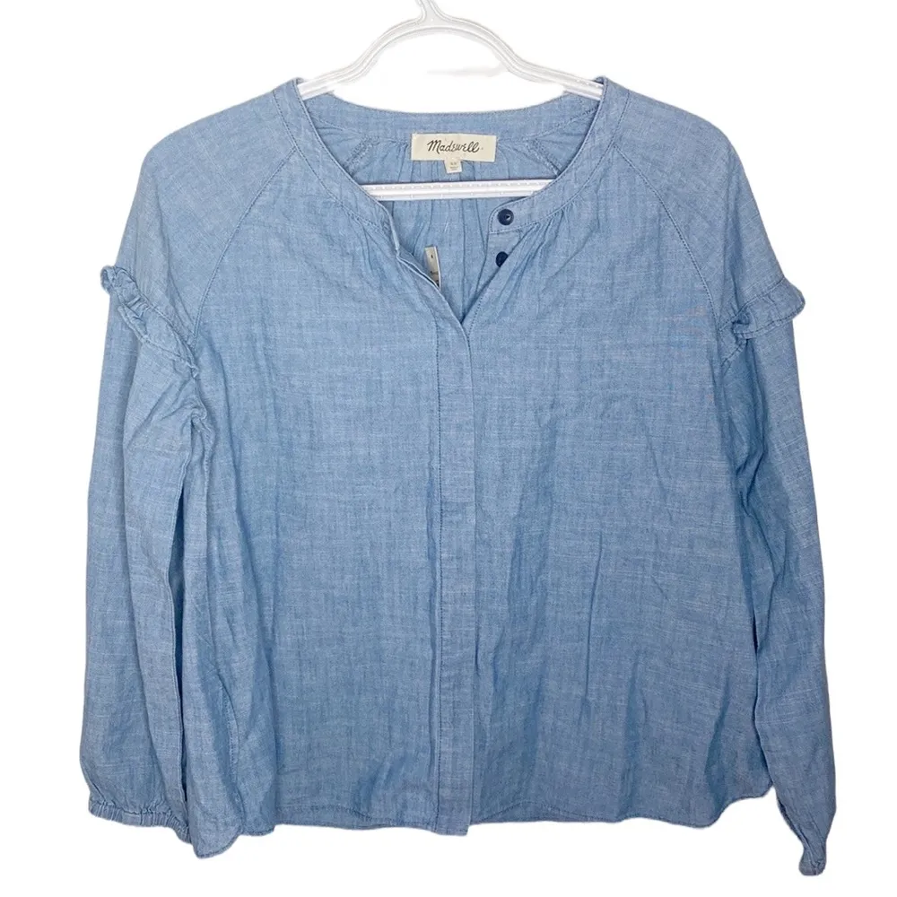 Madewell Denim Collarless Ruffle-Sleeve Shirt size XS - Image 22