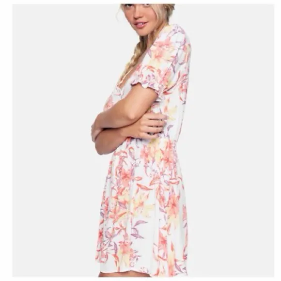 Hurley Floral Button Front Mini Dress Cream Coral Puff Sleeve Size Large - Image 3