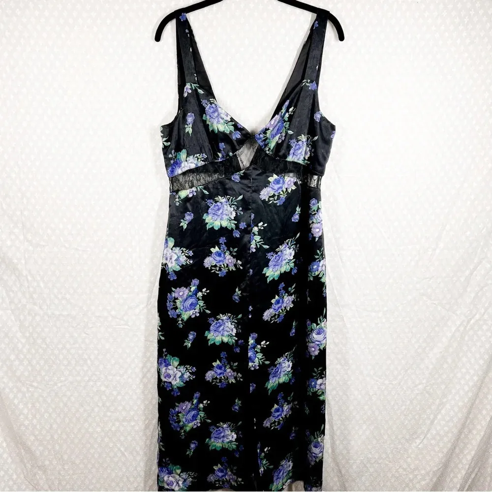 Revolve WeWoreWhat Cottagecore Black Blue Floral Satin Lace Midi Slip‎ Dress - Image 2
