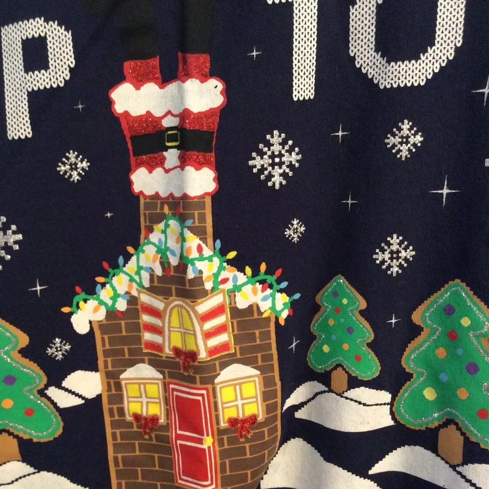 Ugly Sweater Christmas Winter "Up to snow good" blue gingerbread house trees Size L - Image 3