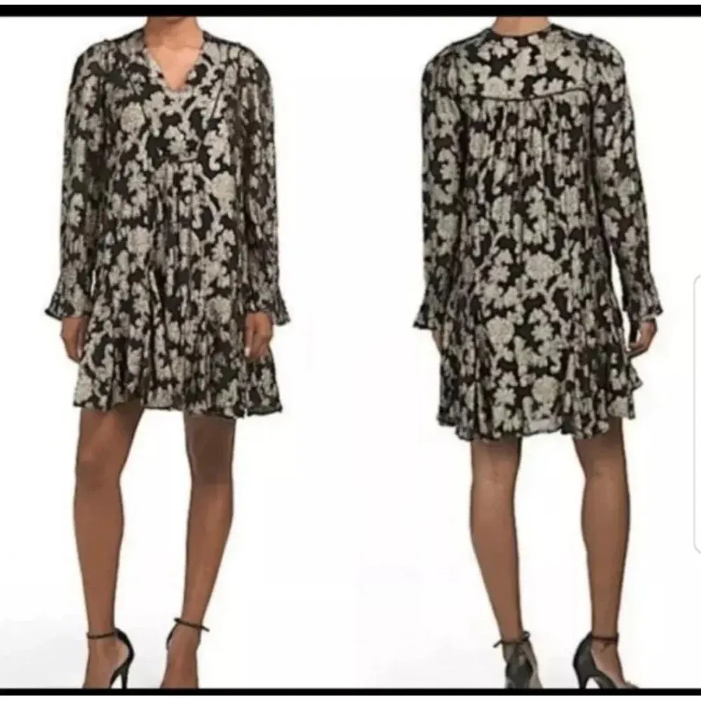 Anthropologie Gold Metallic Foil Tunic Dress Long Sleeve Party Holiday Size XS - Image 3