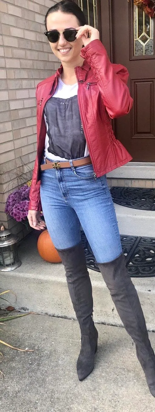 Dark Red Leather Biker Jacket - Image 2