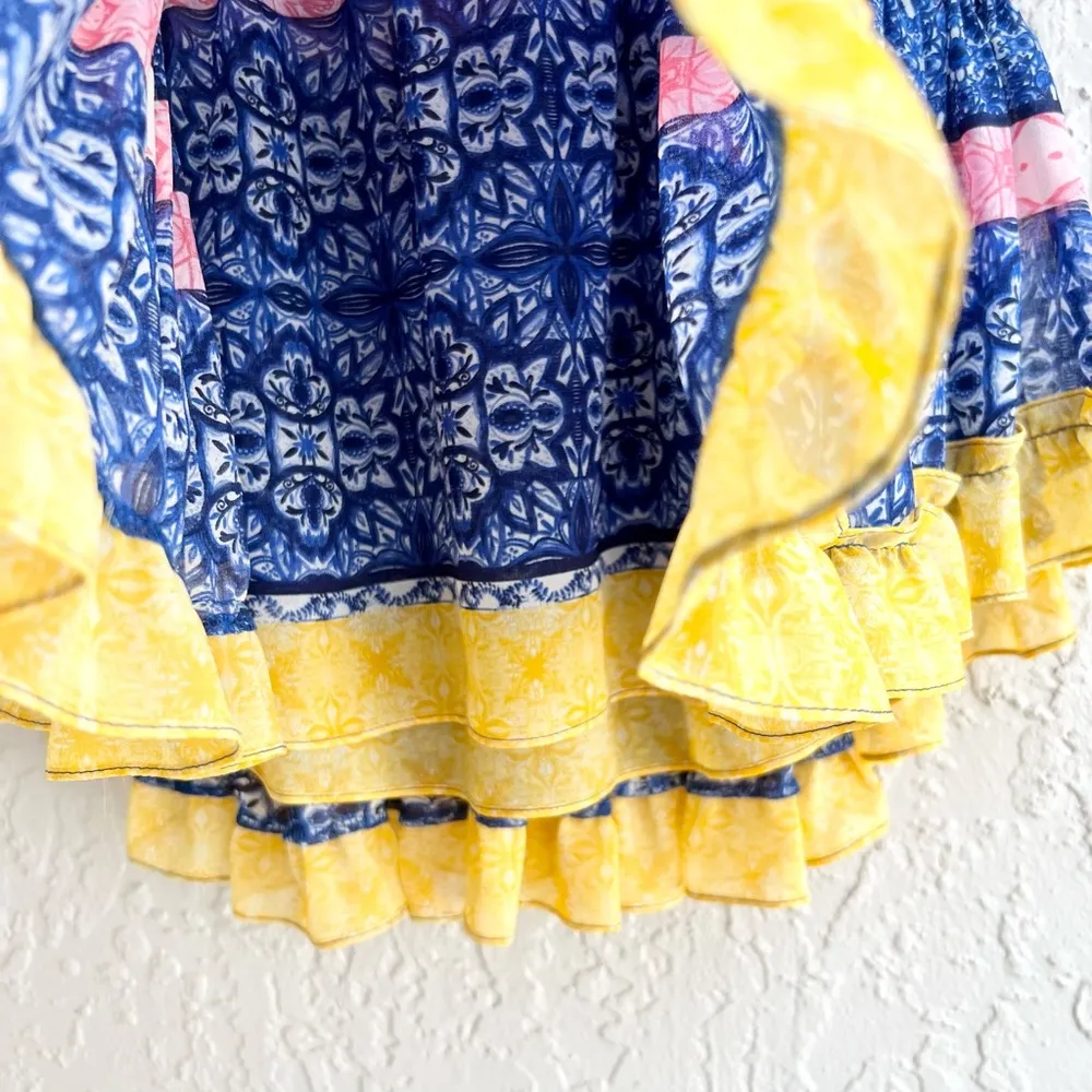 MISA Marion mini skirt in tile print blue yellow size small - Image 6