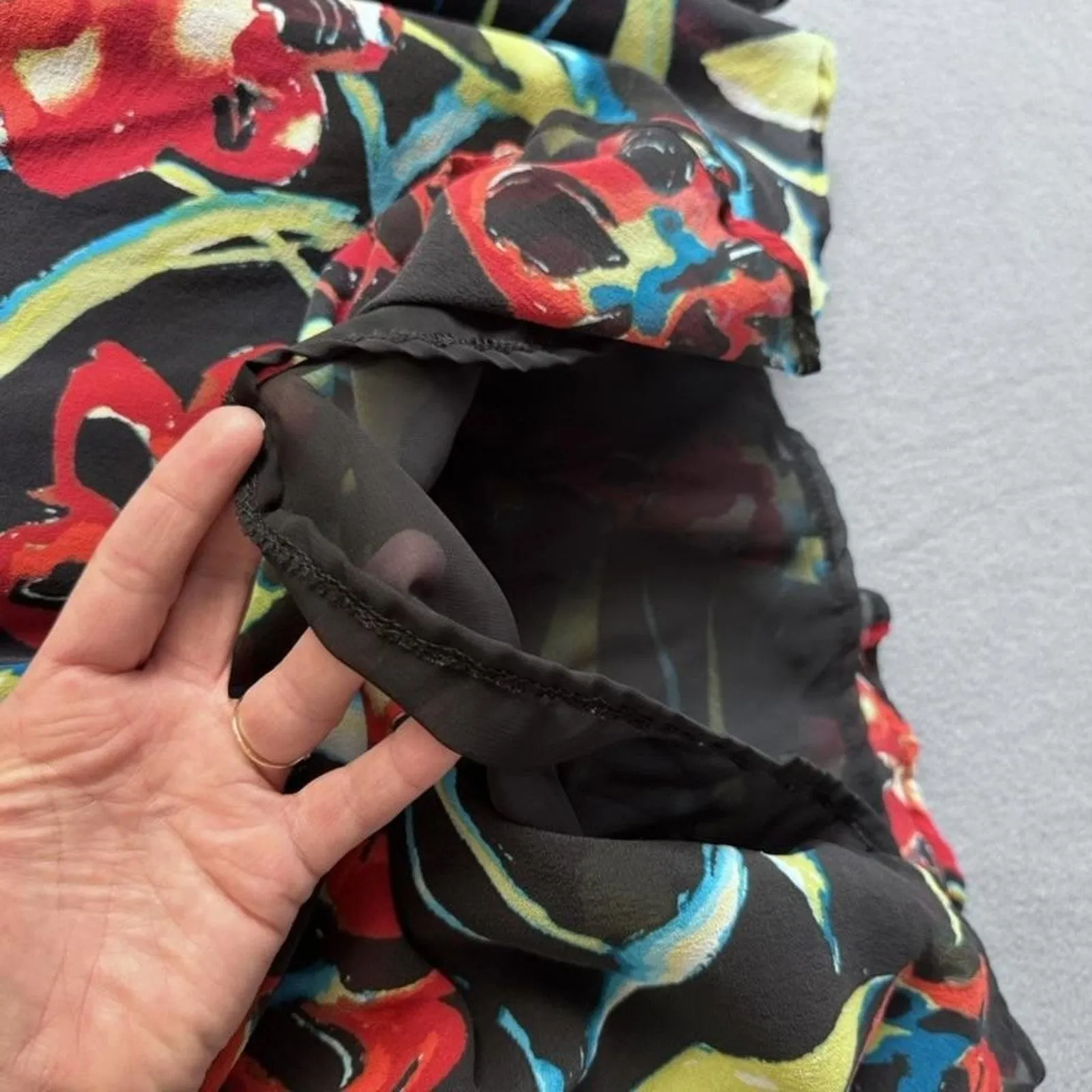 Chico's Silk Skirt Womens 2 Black Floral Lined Sheer Midi Love Holidays Flaws - Image 4