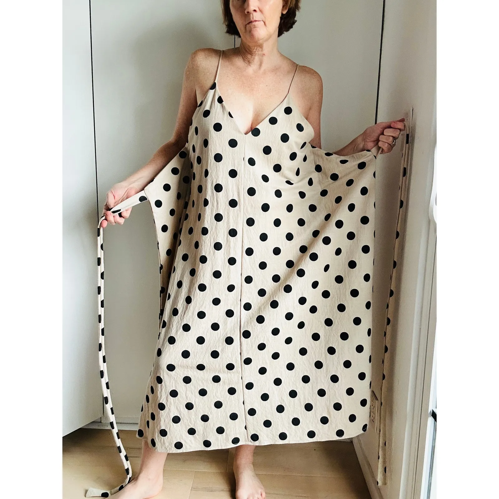 ZARA Womens Polka Dot Tank Dress Size M Neutral/Black Midi Tie Vaca Vibes - Image 5