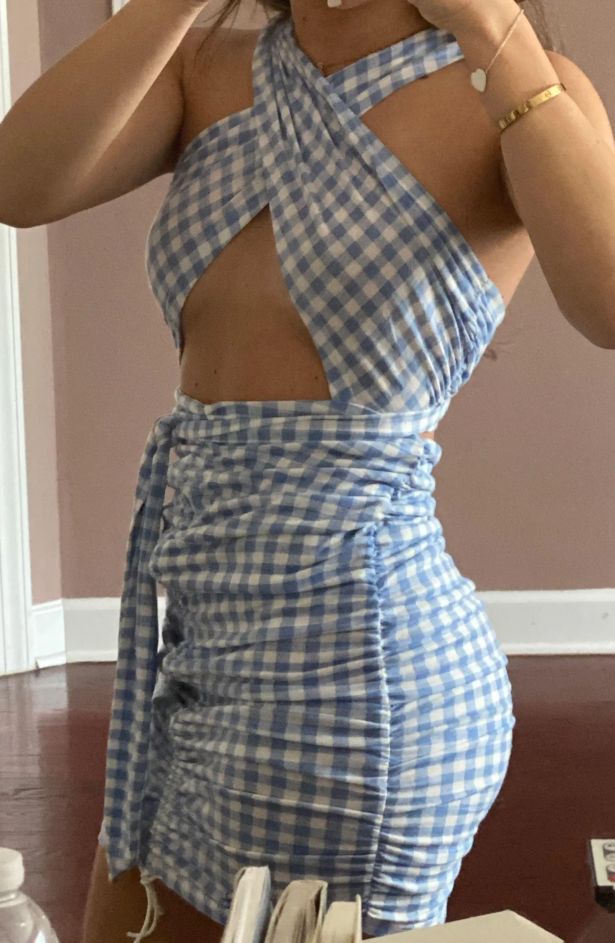 Blue & White Checkered Wrap Dress - Image 2