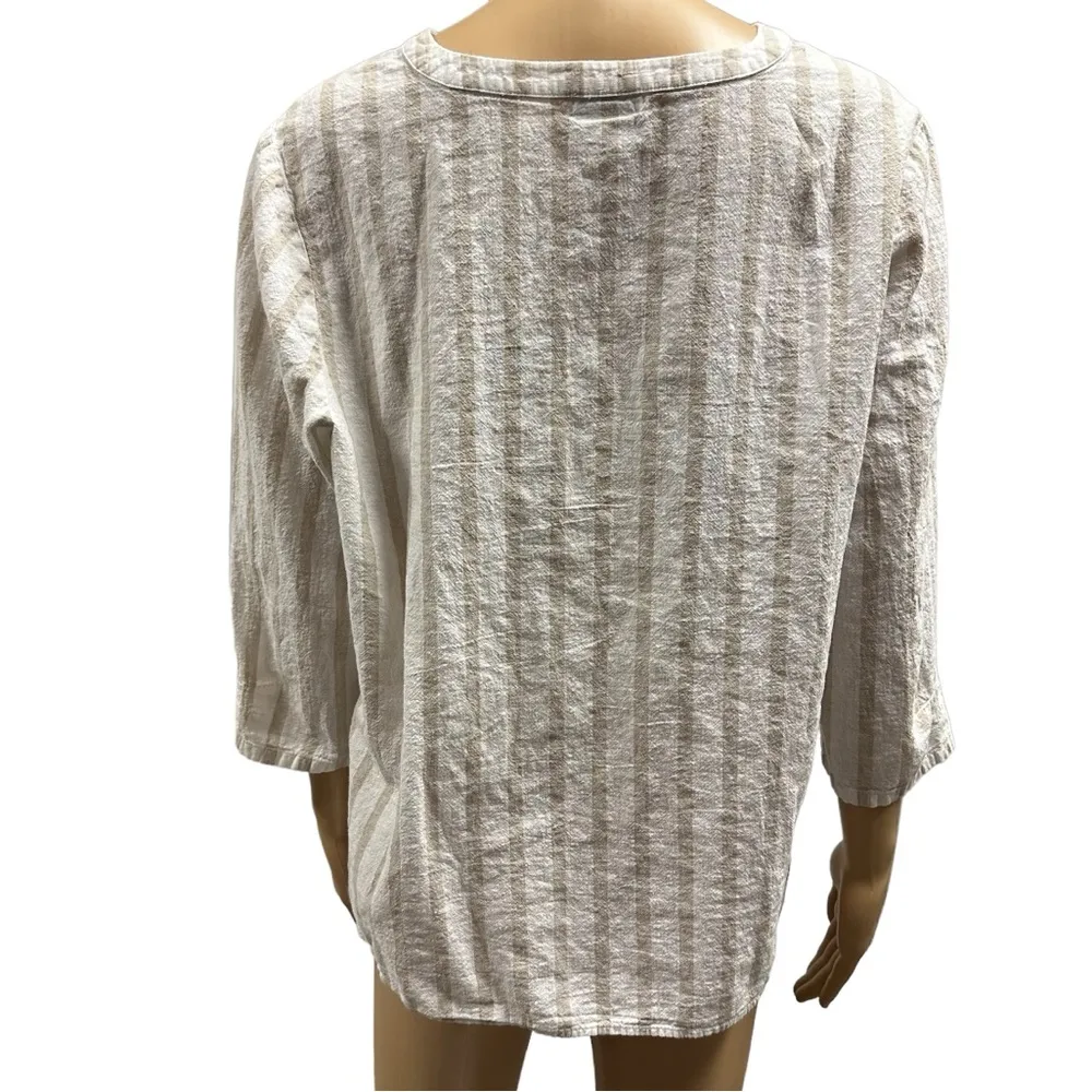 Linen Van Heusen Khaki Tan White Striped Split V Neck 3 Quarter Sleeve Blouse XL - Image 4