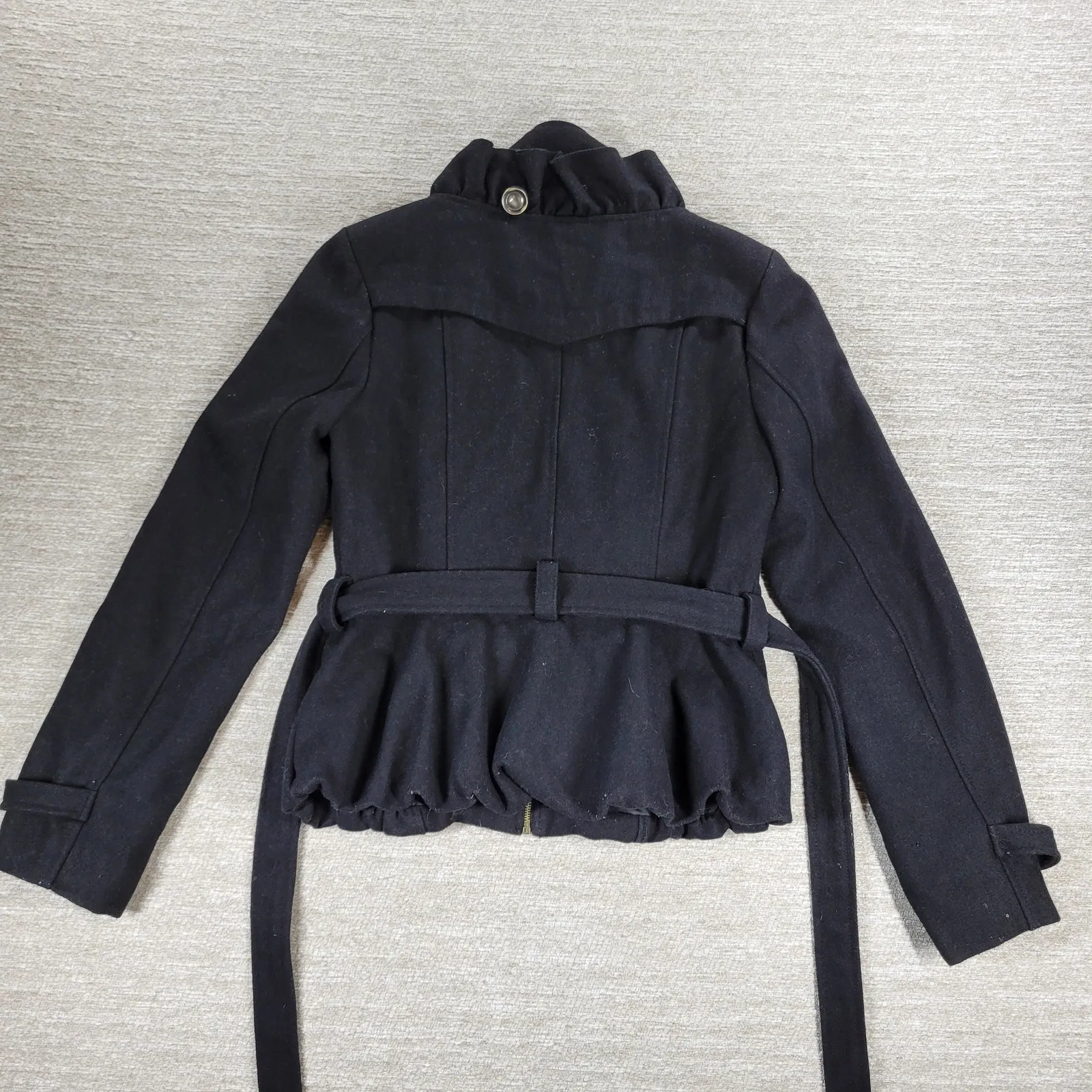 Grass Collection Military Belted Jacket Womens M Black Wool Blend Ruffle Front - Image 10