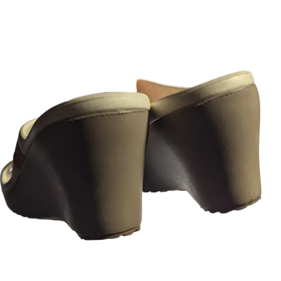 Crocs Shima Pink White Double Strap Taupe Wedge Heel Comfort Slide Sandals Sz 7 - Image 4