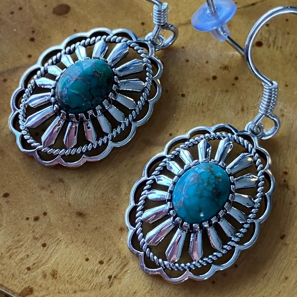 Real Turquoise Sterling Silver Concho Earrings Blue - Image 3