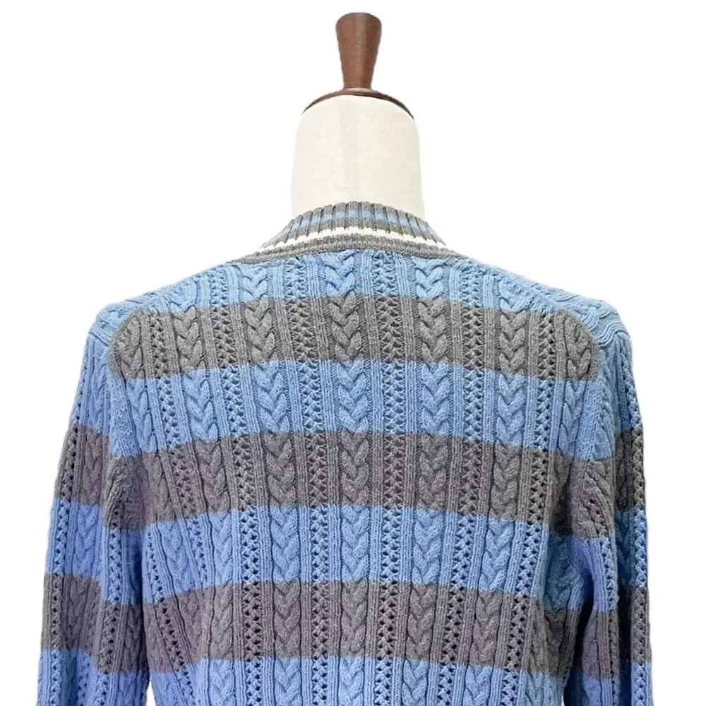 Liz Claiborne Cotton Cable Knit Sweater Size XL Blue Gray Stripe V-Neck VTG - Image 5