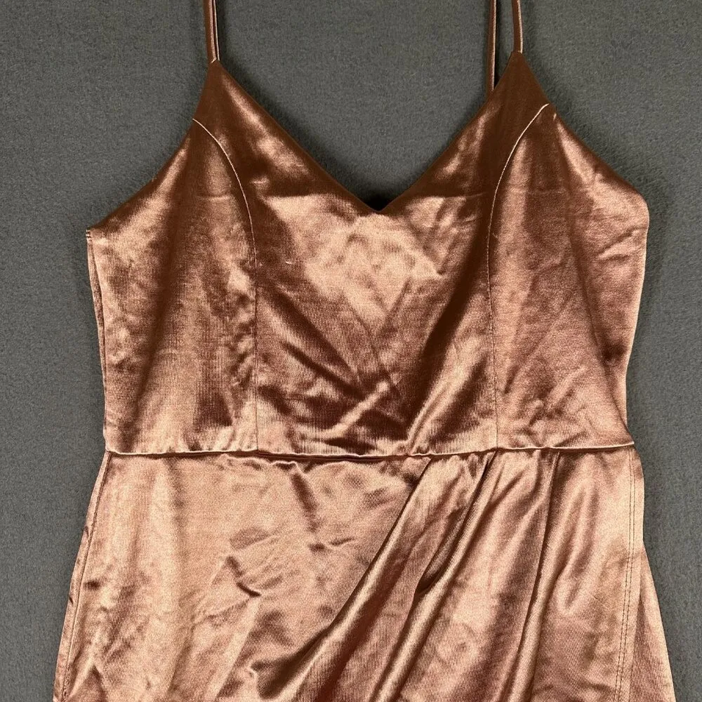 Lulus Dress Womens Medium Satin Surplice Wrap Cocktail Spaghetti Strap Party Gold - Image 3