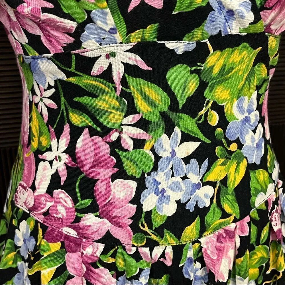 Vintage 80’s/90’s All That Jazz Black Floral Dress Fit and Flare Midi Style S Green - Image 7