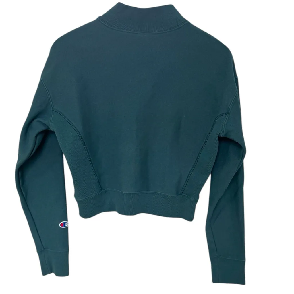 Champion Sweatshirt Reverse Weave Mockneck Cropped Teal Small Retro Streetwear - Image 3