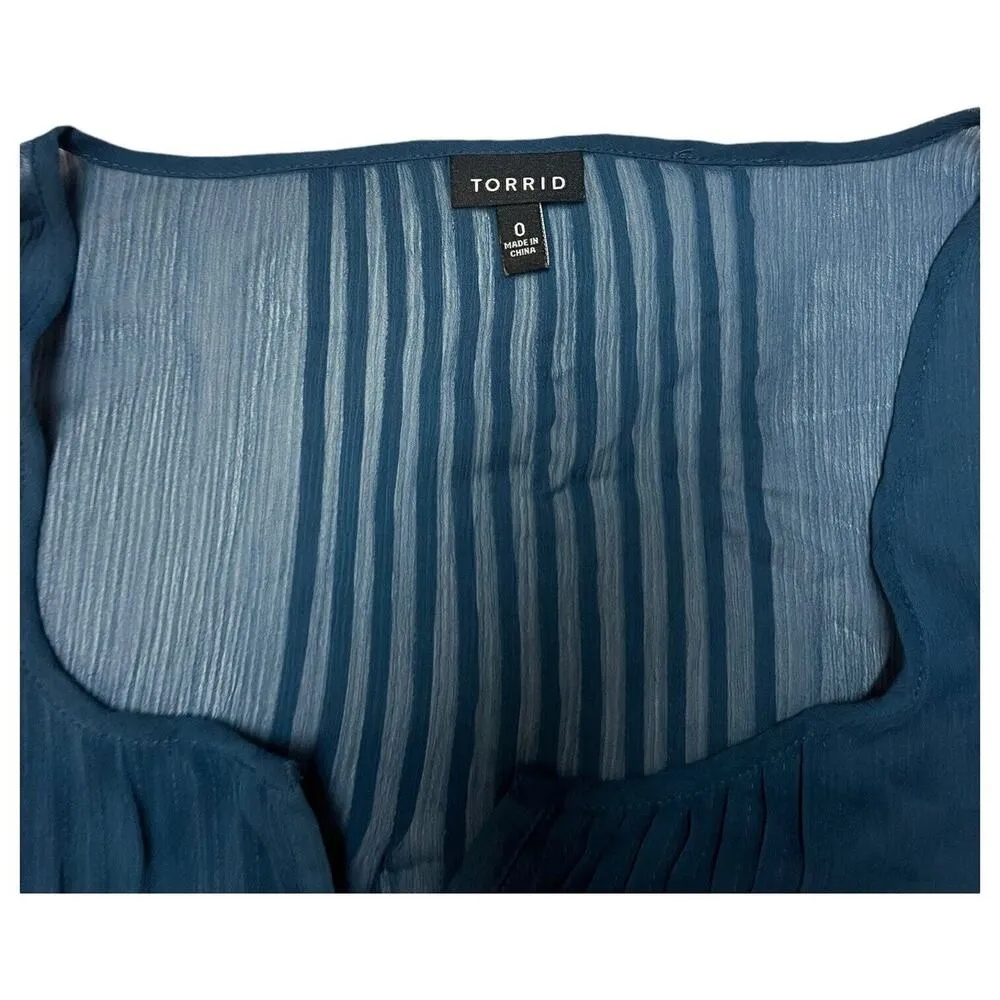 Torrid Top Womens L Sheer Chiffon V Neck Pintuck 3/4 Ruched Sleeves Green - Image 7