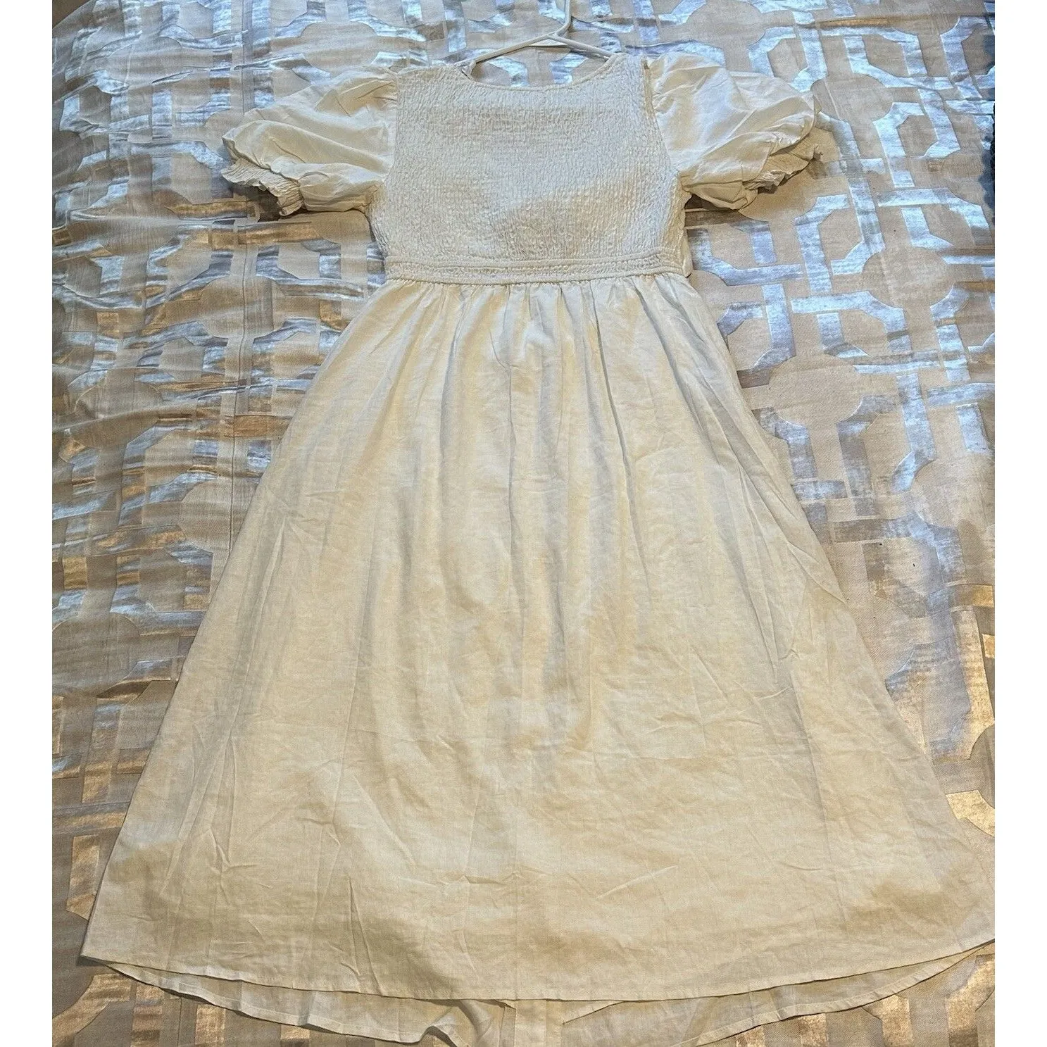 White Puff Sleeve Dress Halter Top Smocked Back Women's Large Tie Front Buttons - Image 7