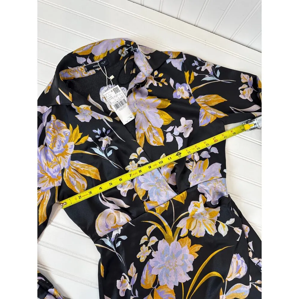 NWT MNG Floral Print Satin Dress Black Purple Ruched Long Sleeve Casual Size S - Image 5