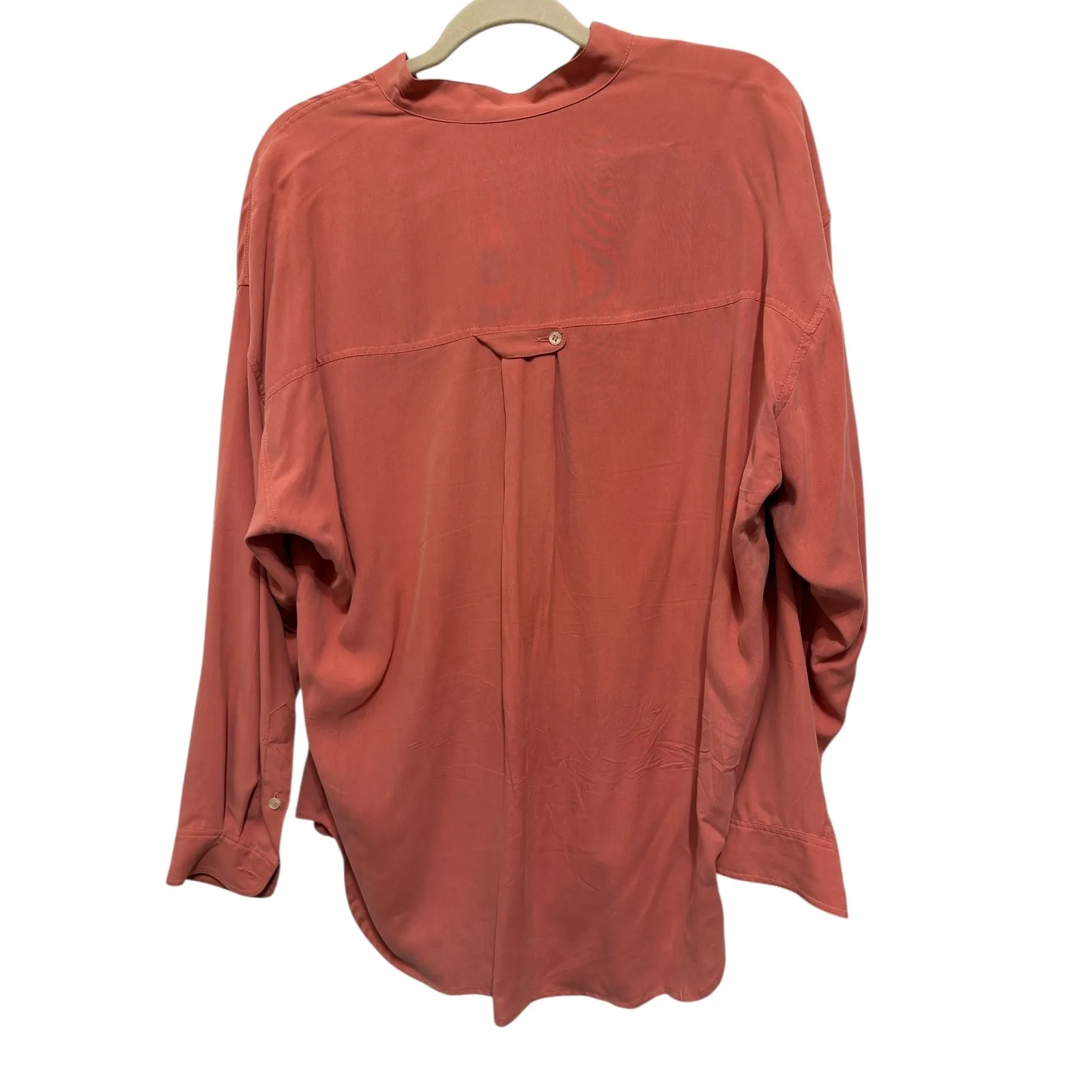 First Issue Silk Mandarin Collar Button Front Blouse Coral M Pink Size M - Image 4