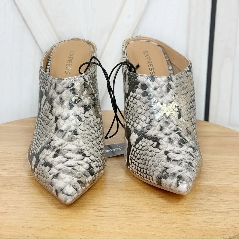 Express Snake Reptile Print Heeled Mules Shoes Ivory Gold 7 New Pointed‎ Toe - Image 2
