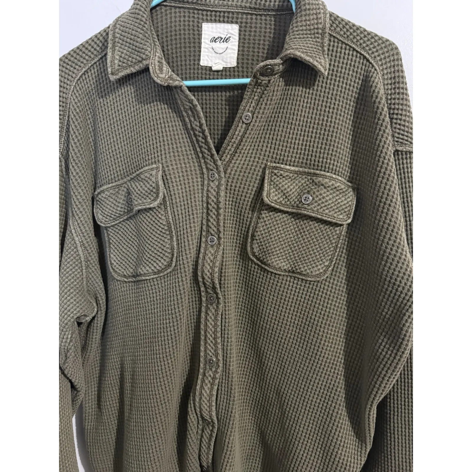Aerie Women's Anytime Fave Collared Waffle Shirt Olive Green Size XS - Image 2