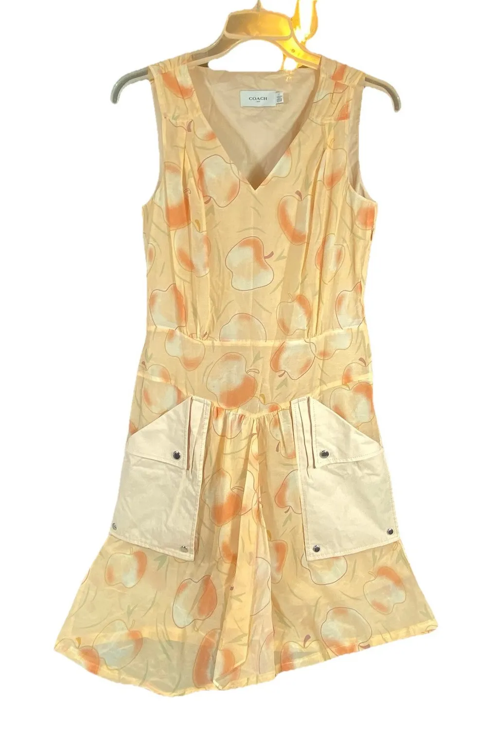 Coach Apple‎ Print Dress Size 4 Peach Summer V-Neck Luxury Springtime Designer - Image 1