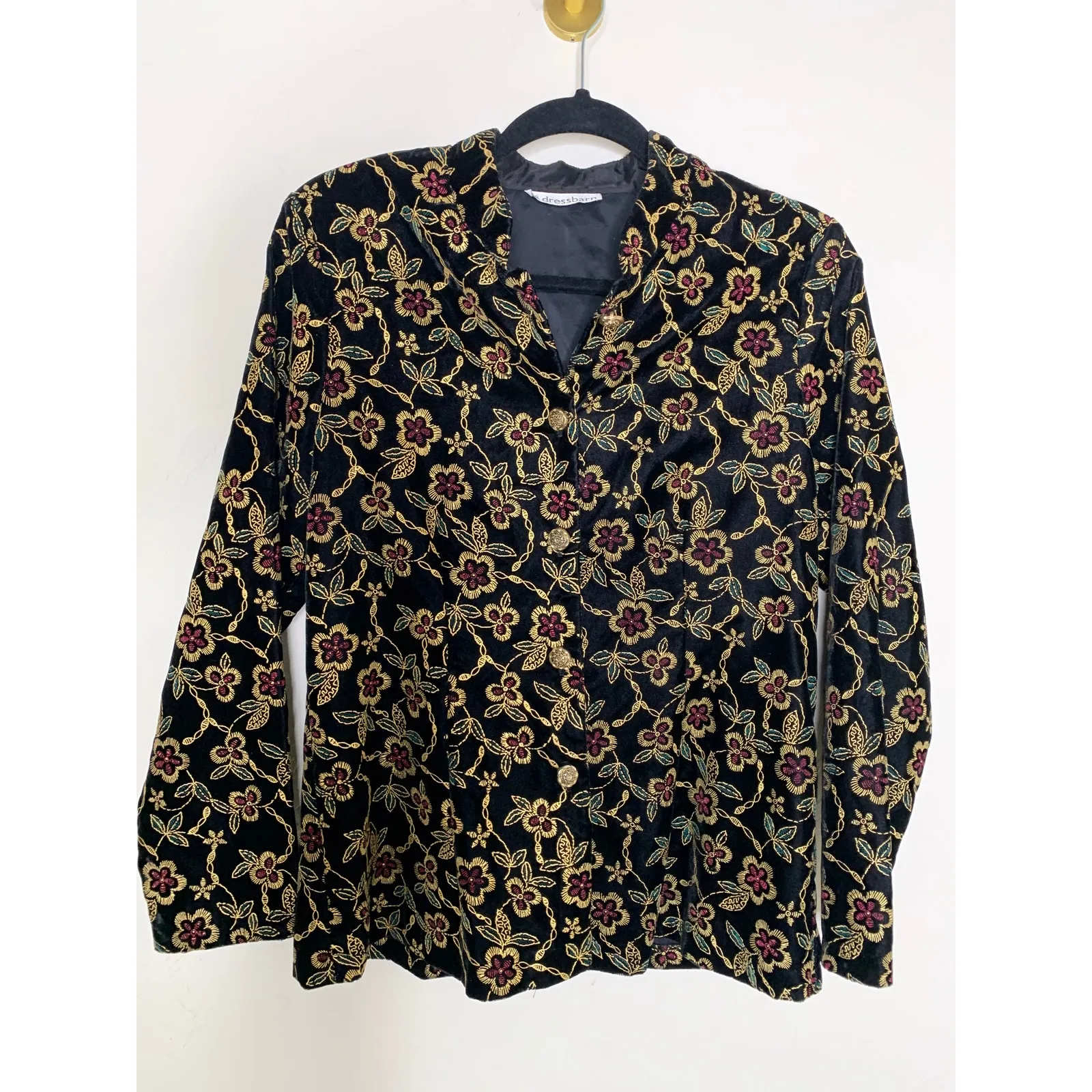 Velvet Blazer Standup Collar Metallic Floral Design Gold Red Sz ?Medium - Image 5
