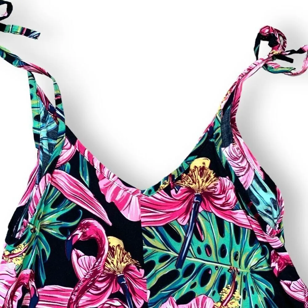 Chantique Hawaii Wide Leg Jumpsuit Black Pink Tropical Floral Tie Shoulder Black - Image 4