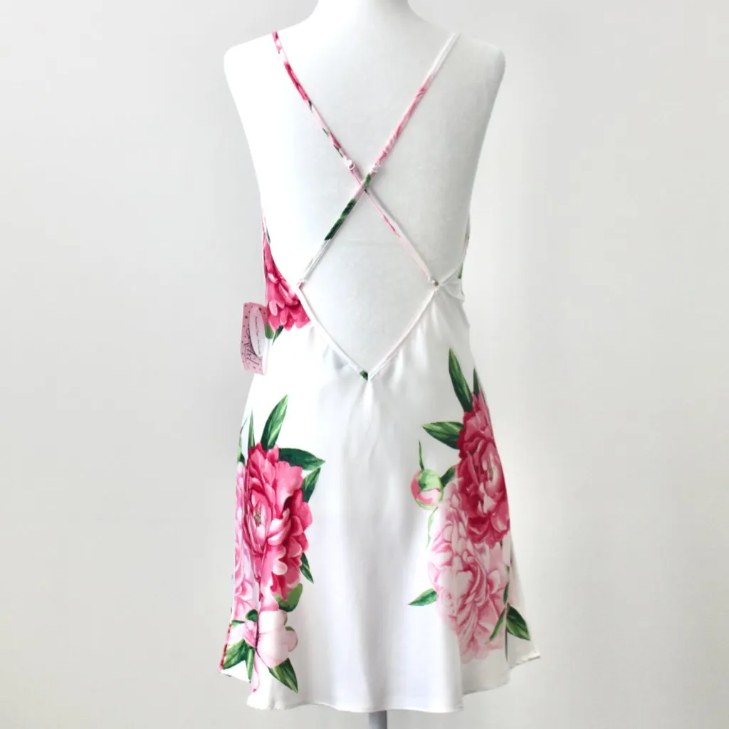 NWT Jezebel by Felina White Pink Satin Crossback Chemise Slip Floral Rose Small - Image 6