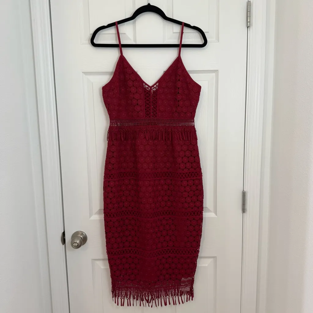 Saylor Margot Lipstick Red Lace Fringe Midi Dress Women’s Medium Cocktail Party - Image 2