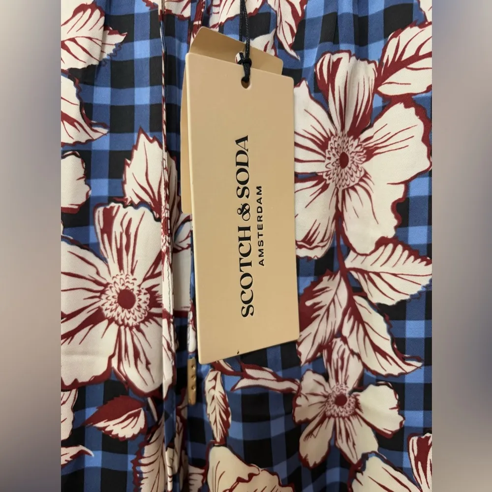 Scotch & Soda Blue Gingham and Burgundy Floral Printed Wide Leg Trousers Size XL - Image 5