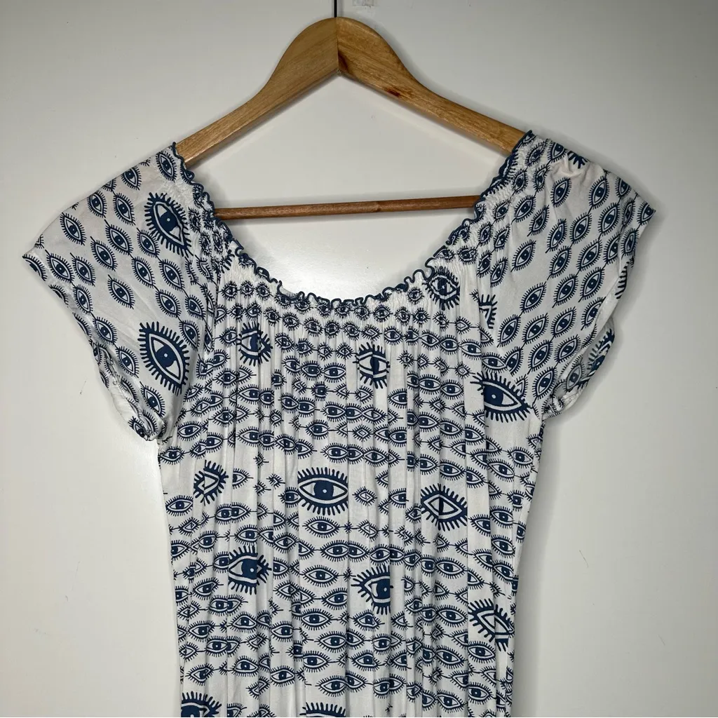 Skemo Evil Eye Boho Smocked Waist Gypsy Mini Dress In Small White - Image 5