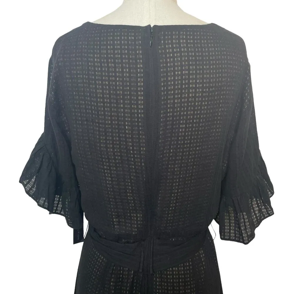 NWT H By Halston Black Sheer Ruffled Mini Dress Flare Sleeve Waist Tie Size 6 - Image 5