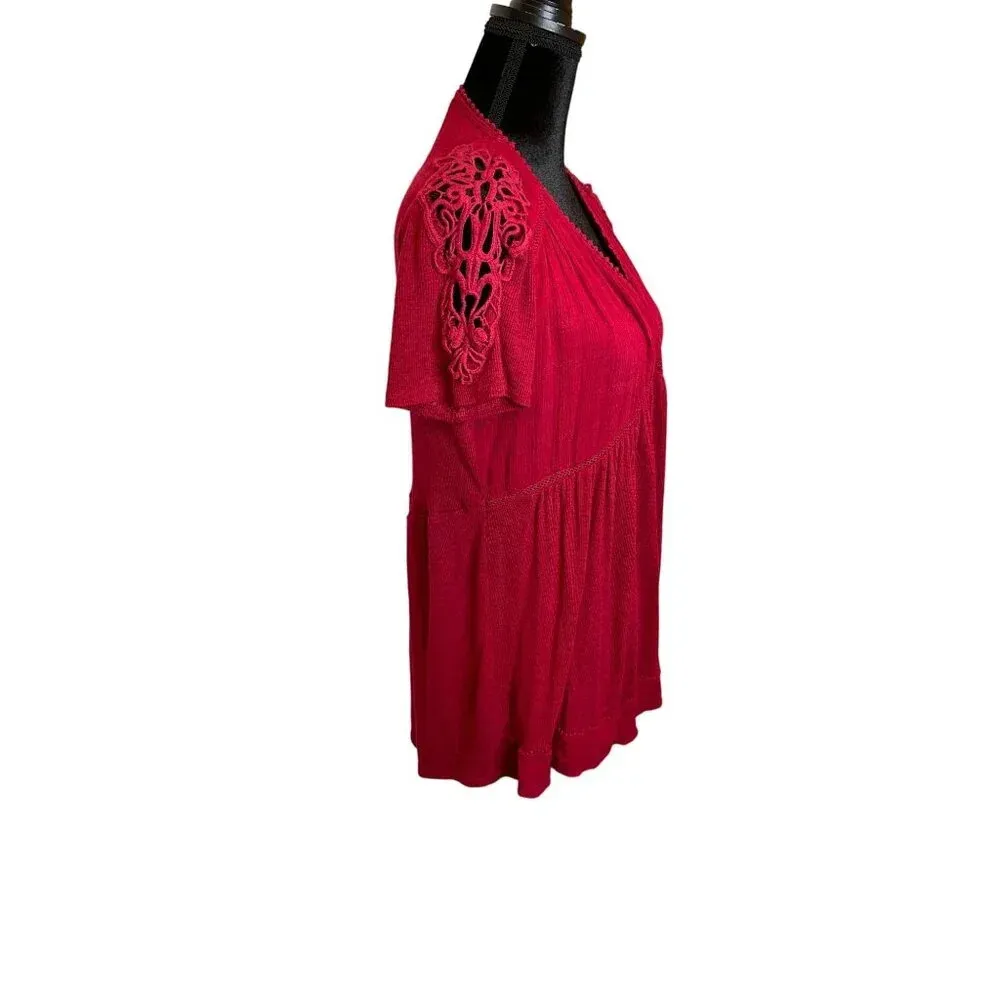 Knox Rose‎ Burgundy Short Sleeve V Neck Top Shirt Lace Large Boho Cottagecore - Image 3