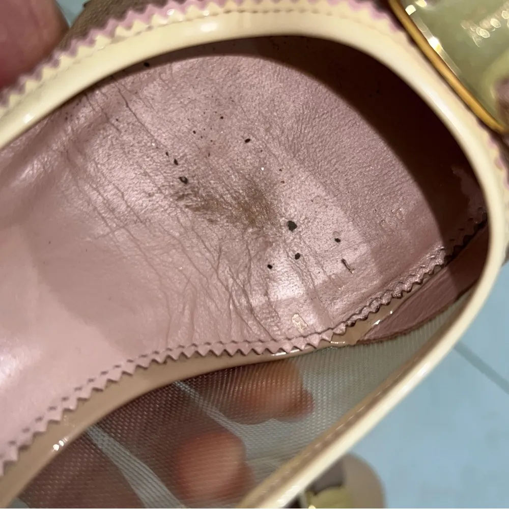 Salvatore Ferragamo Nude Patent Leather and Mesh Vera Bow Block Heels Size 10 US - Image 10