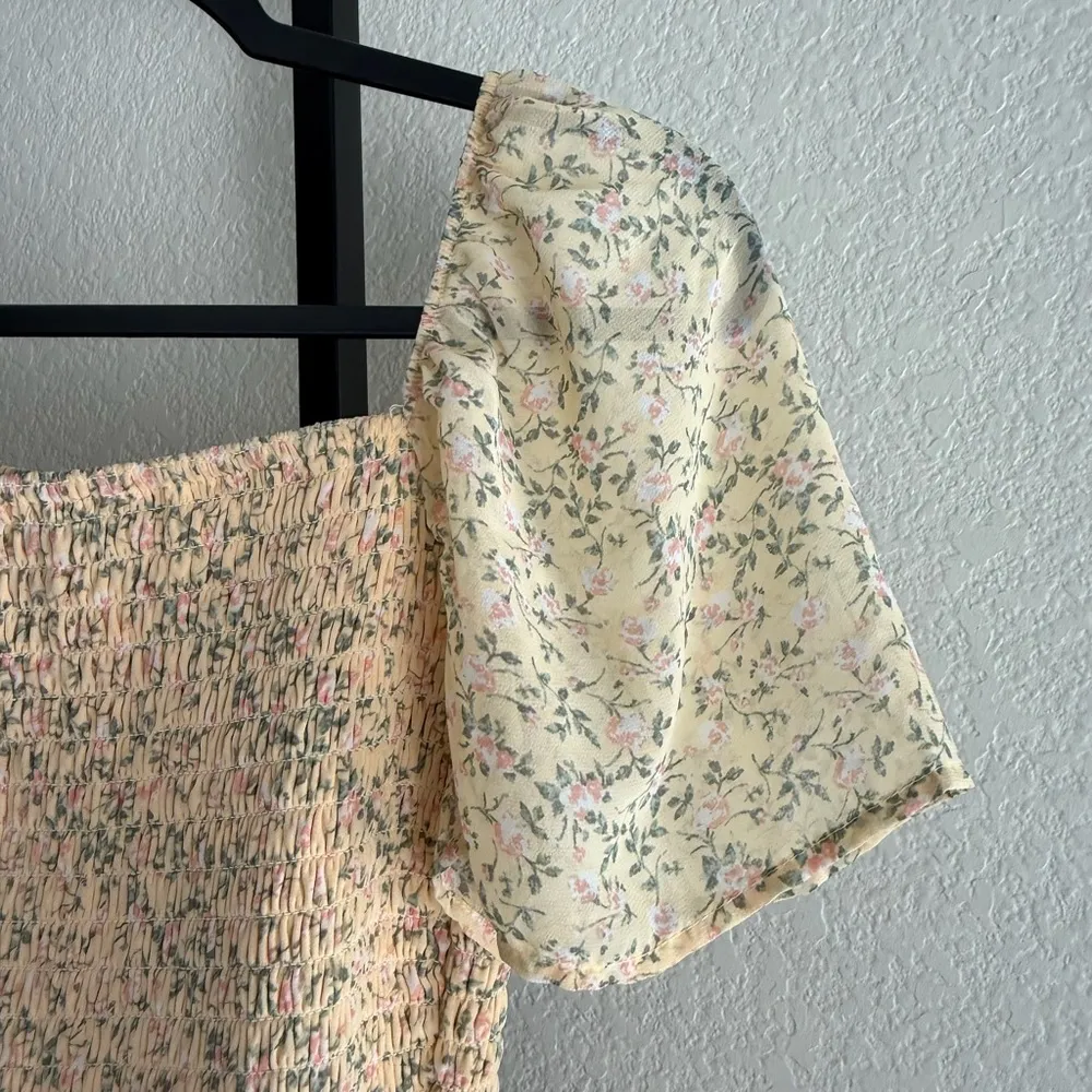 Yellow Floral High Low Smocked Dress Puff Sleeve Small Romantic Cottagecore Midi - Image 7