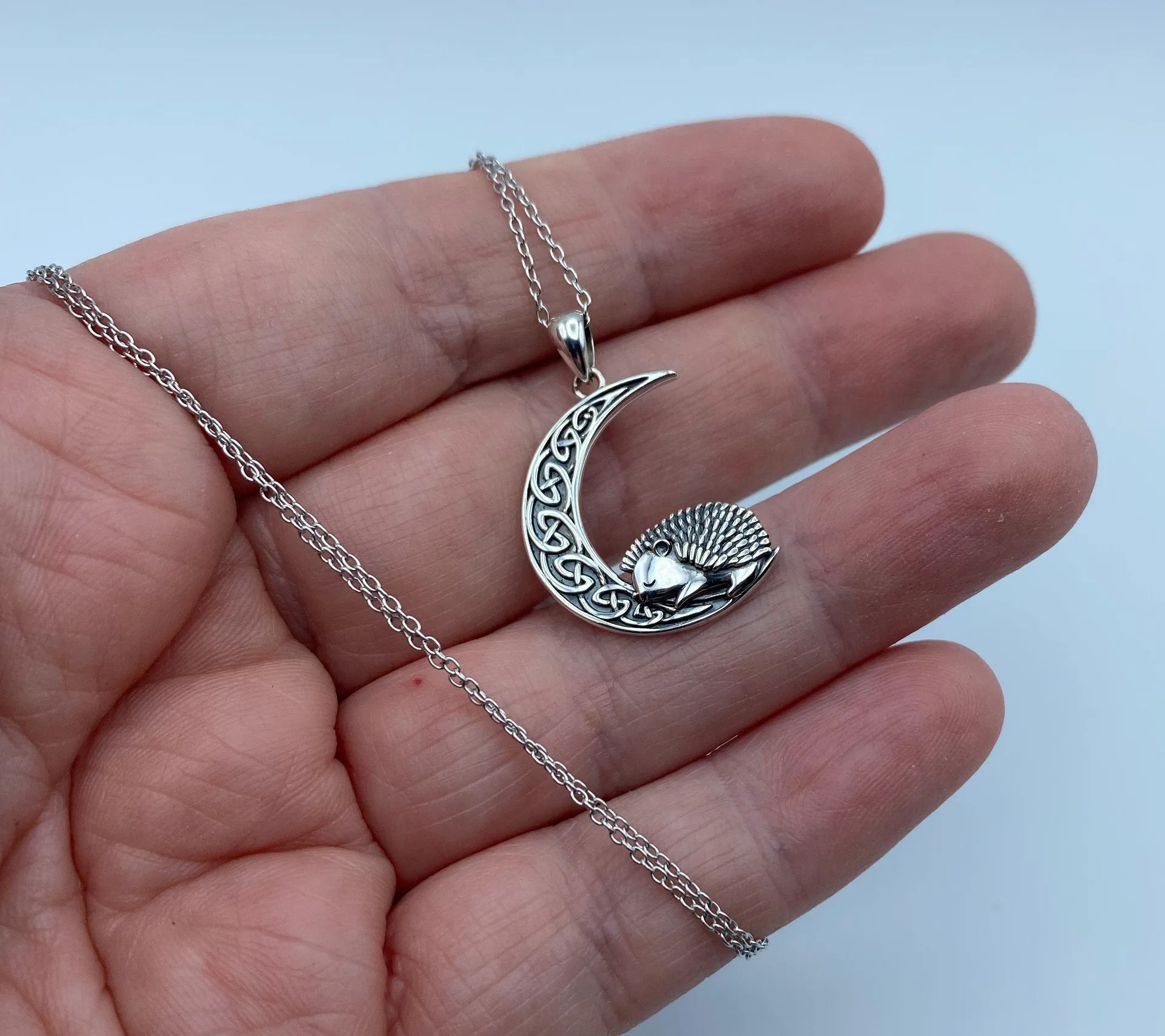 Sterling Silver Hedgehog  Celtic Crescent Moon Necklace - Image 3