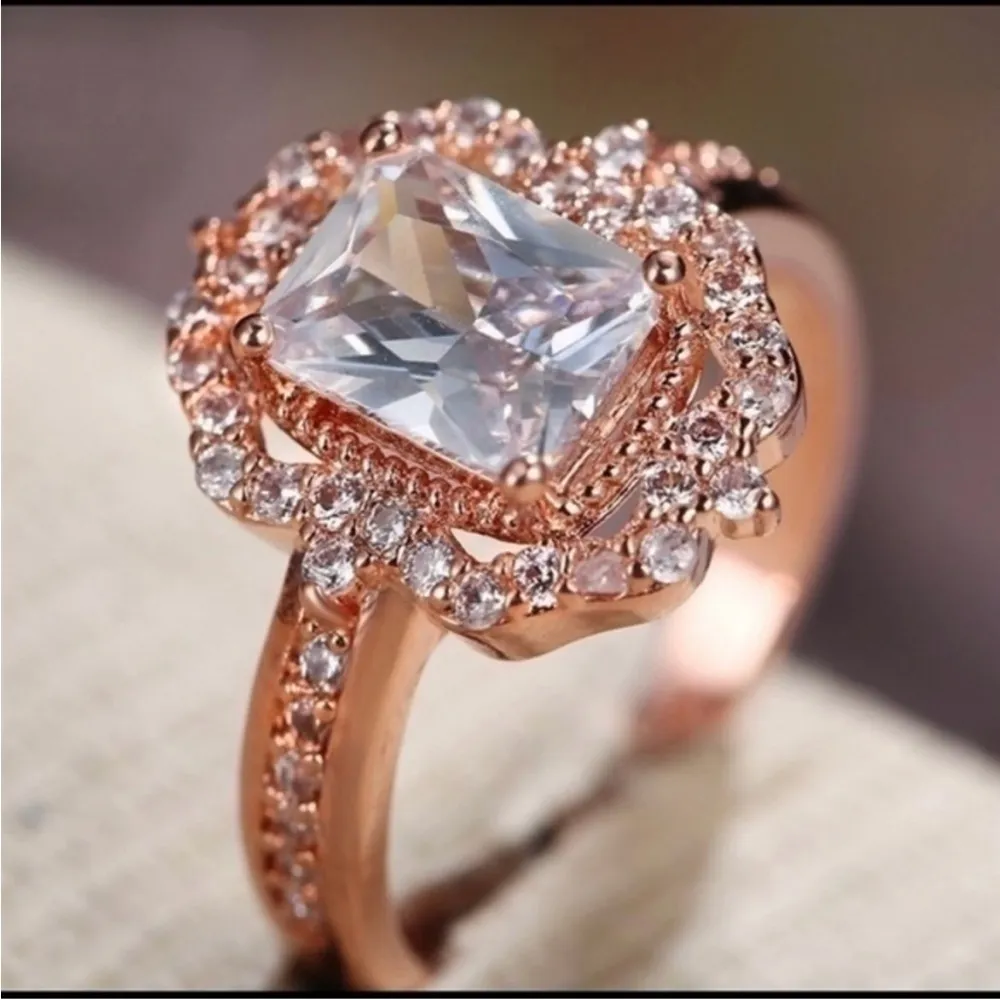 3CT Emerald Cut Halo Engagement Ring NWT 14K Rose Gold Finish Simulated Diamond - Image 2