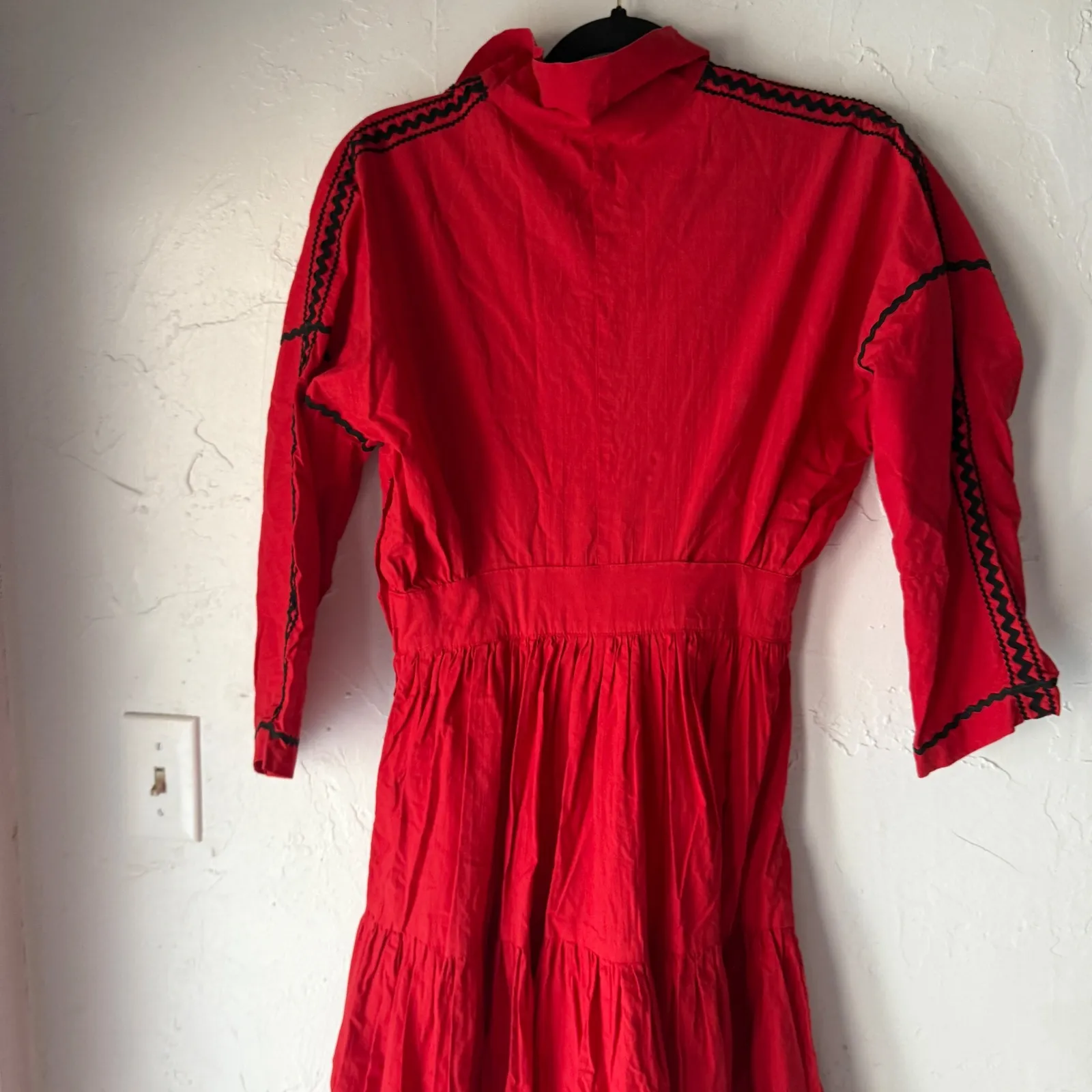 Vintage Handmade 1960s Red Maxi Dress Black Embroidery Tiered Dress Indigenous - Image 6