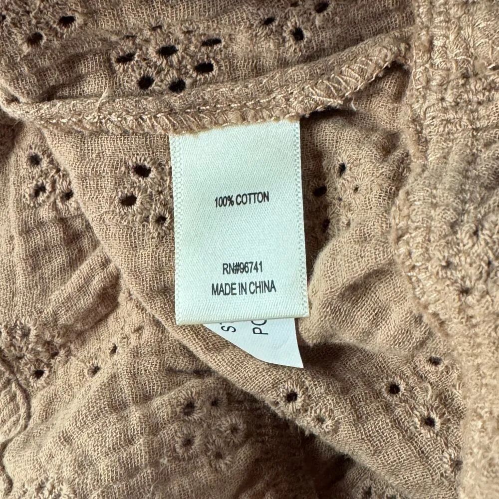 Self Esteem JRS Medium Floral Eyelet Top Crochet V-Neck Sleeveless Ruffled Tan - Image 7