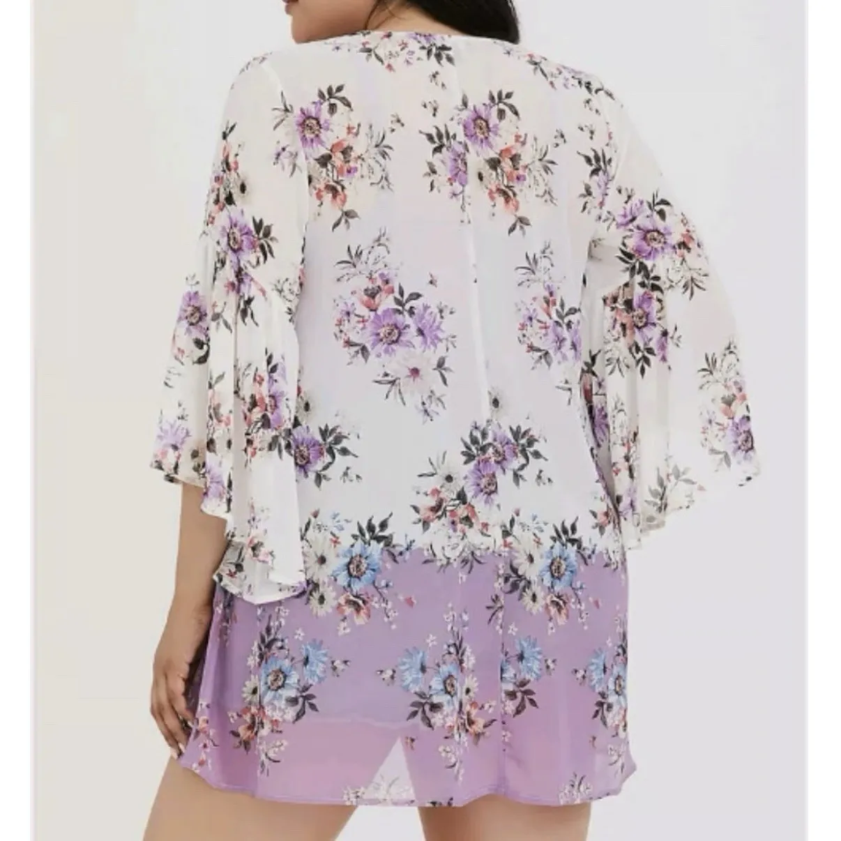 Torrid White Purple Floral Bell Sleeve Chiffon Open Kimono Size‎ 3X 4X - Image 3