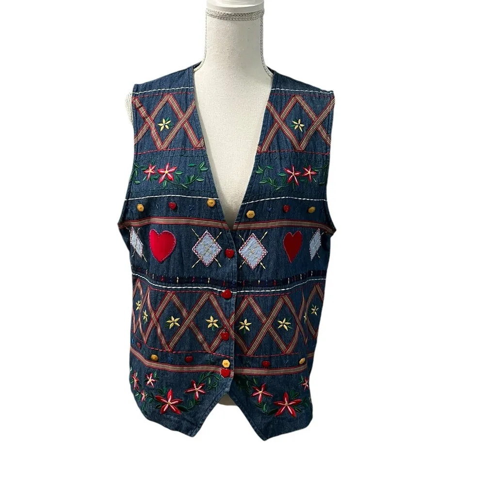 Vintage Napa Valley 90s Denim Embroidered Cottagecore Hearts Flowers Vest M Blue Size M - Image 2
