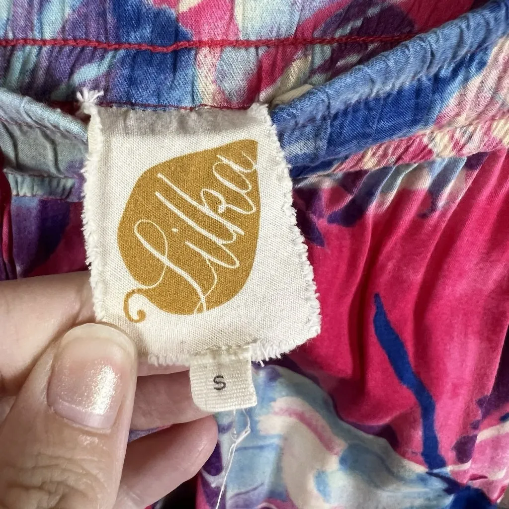 Lilka Small Cropped Pants Tropical Palm Leaf Print Bright Pink Blue Wide‎ Leg - Image 5