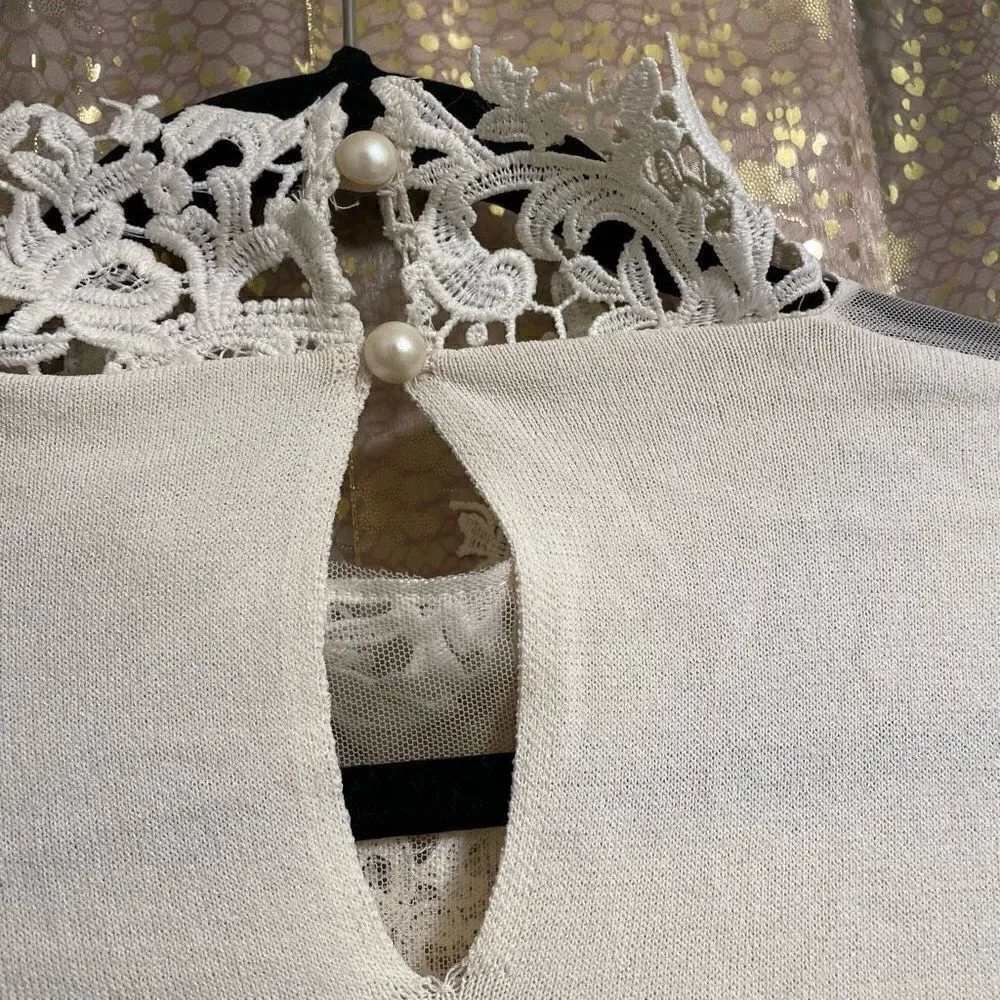 Adiva Ivory Crochet White Lace Mesh Sleeve Long Sleeve Sweater/Top, XL - Image 6