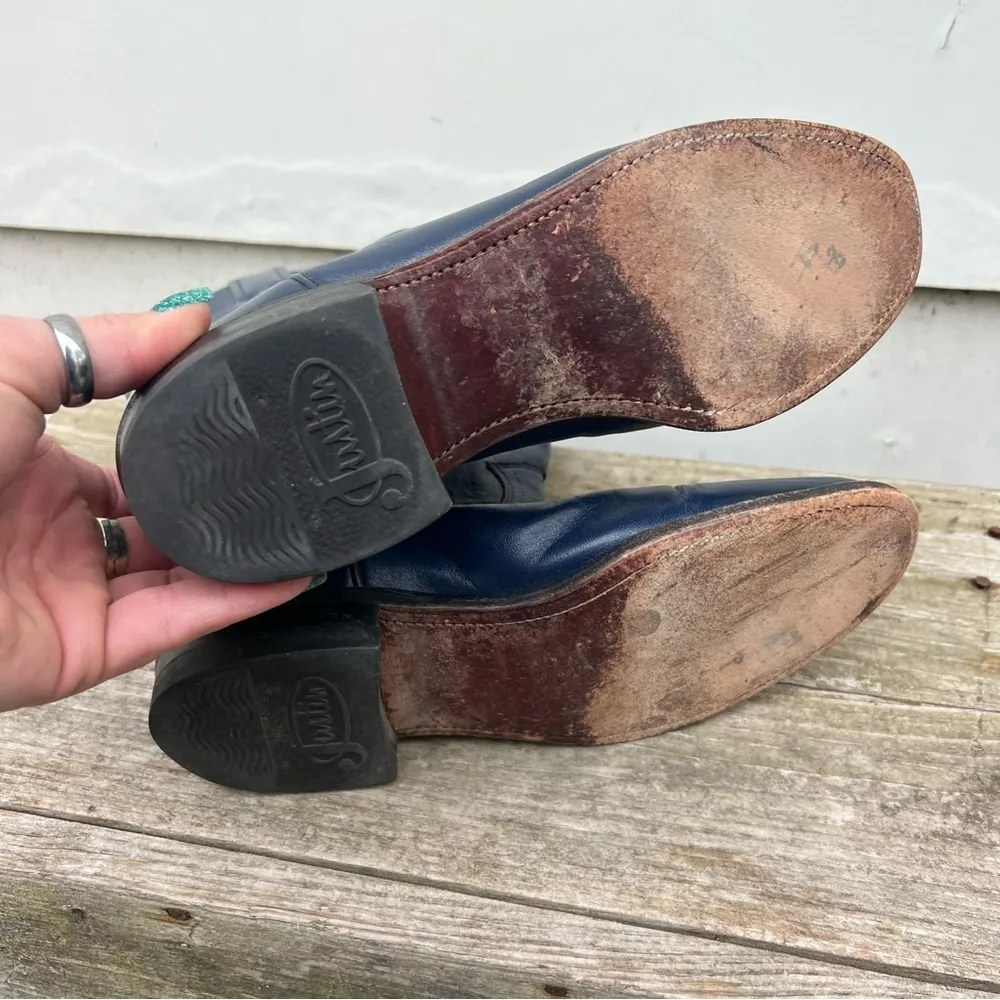 Vintage 90s Justin Roper Navy Blue Cowgirl Western Pull On Leather Boots 6 1/2B - Image 5