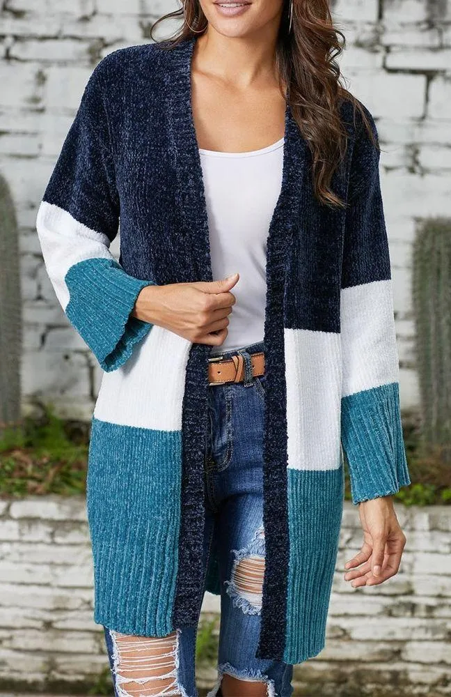 BLUE MULTI WHITE COLOR BLOCK VELVET CHENILLE CARDIGAN SIZE XL (16 - Image 6